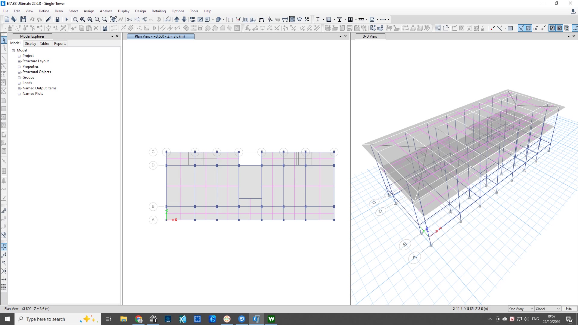 Mặt bằng và mô hình 3D của nhà đơn khối trong ETABS